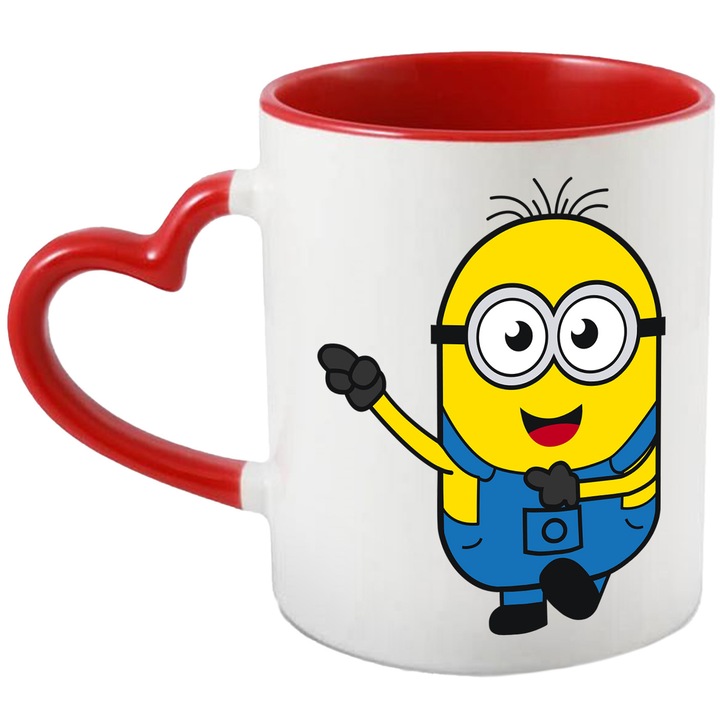 Cana Cu Minion Joaca In Padurea de Bomboane, Dulce si Colorat, Ceramica, 330ML, Cu Maner Inima Rosie si Interior Rosu