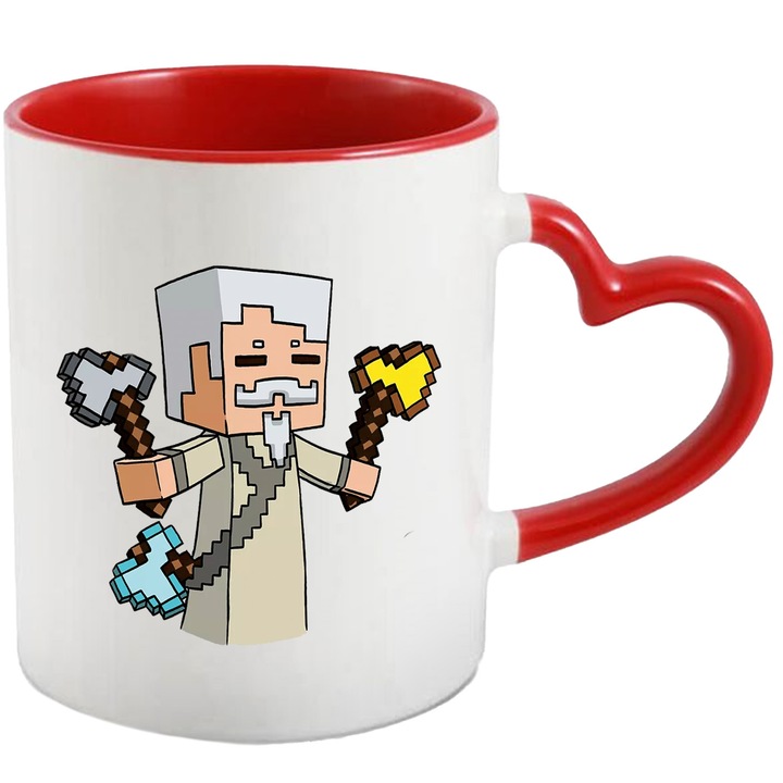 Cana Cu Minecraft – Mine Sub Stele – Aventura, Pixel si Distractie, Ceramica, 330ML, Cu Maner Inima Rosie si Interior Rosu