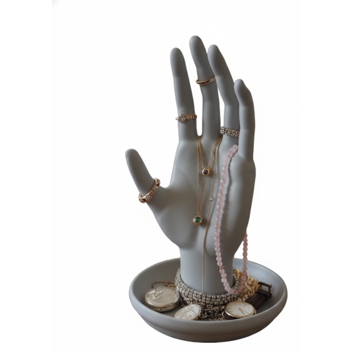 Accesoriu decorativ model mana, culoare gri, organizator bijuterii, inele, lanturi si alte accesorii