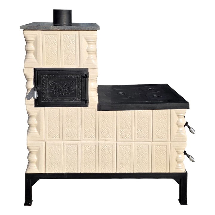 Soba teracota mobila, Gospodarul, 4 randuri, alimentare pe lung, cuptor stanga, plita mijlocie, Crina bej, 120 cm x 101 cm x 46 cm