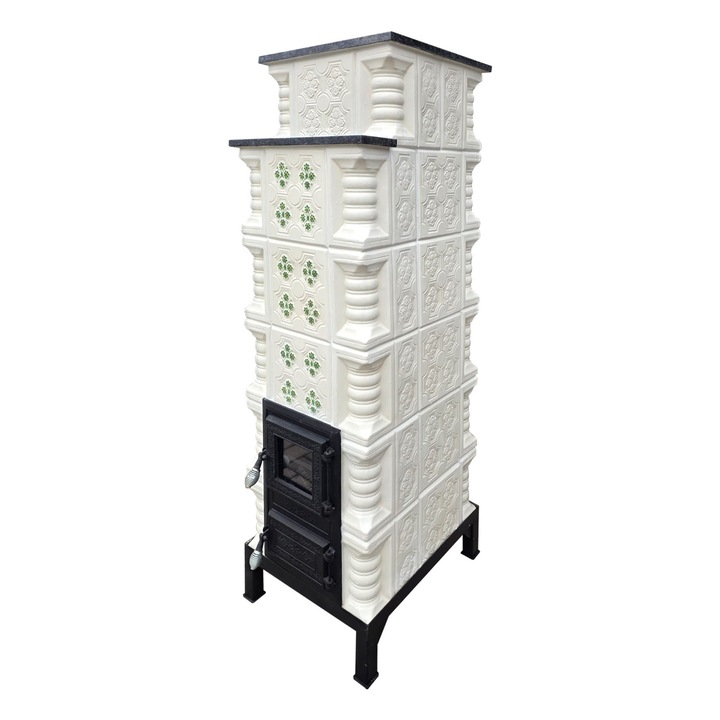 Soba teracota, Gospodarul, turn 6 randuri panseluta verde pictata manual, usa sticla, evacuare la spate, 160 cm x 57 cm x 46 cm