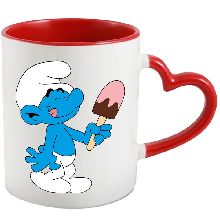 Cana Cu Strumf Aventuri Pline de Curaj Prietenie si Distractie, Ceramica, 330ML, Cu Maner Inima Rosie si Interior Rosu
