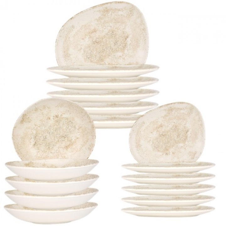 Set serviciu masa farfurii asimetrice Bonna Nacrous Matt 6 farfurii 24cm, 6 farfurii 33cm cu 6 farurii adanci 26cm