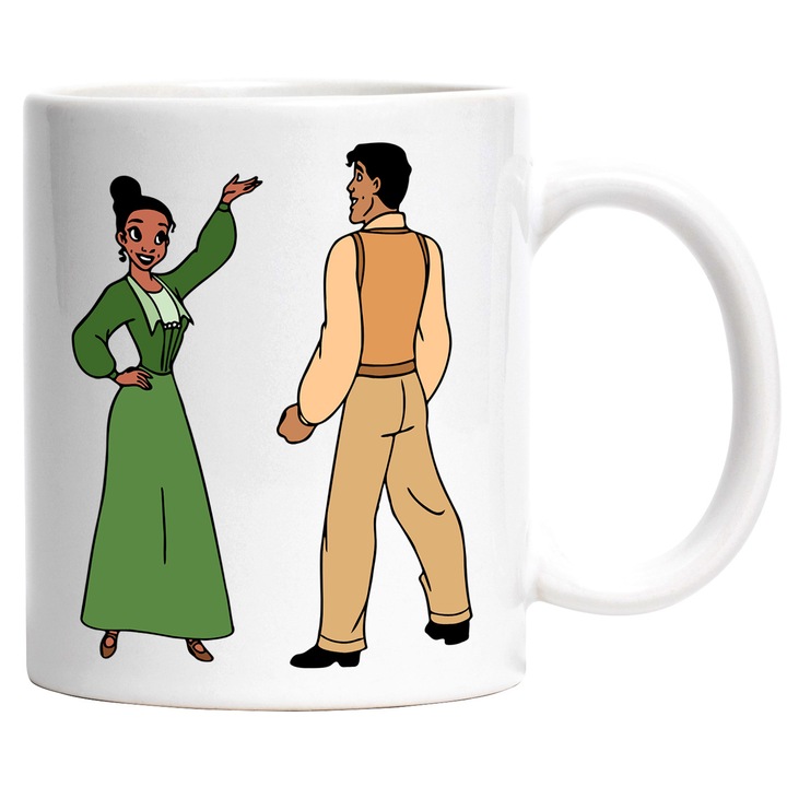 Cana Cu Printesa si Broscoiu Printul Naveen – Fluturi Magici Pe Nori – Prietenie, Emotie si Curaj, Ceramica, 330ML, Cu Maner si Interior Alb