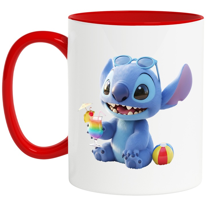 Cana Cu Stitch – Zambetul Aventurii Curajoase Pixel – Aventura, Copii si Distractie, Ceramica, 330ML, Cu Maner si Interior Rosu