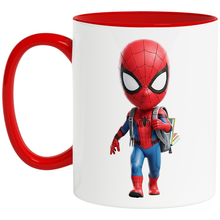 Cana Cu Spiderman Joaca si Aventura, Prietenie si Curaj in Orasul Fantastic, Ceramica, 330ML, Cu Maner si Interior Rosu