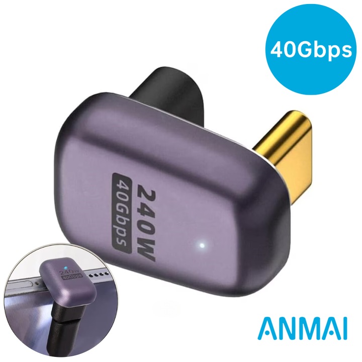 Adaptoare, Anmai, incarcare 240W PD, viteza de transfer de date de 40 gbps, USB Type-C, U-shape 180 degree, compact si portabil, Violet