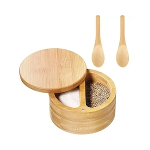 Recipient din bambus pentru condimente cu 2 lingurite, cutie dubla pentru mirodenii, design natural pentru bucatarie – depozitare eleganta si practica