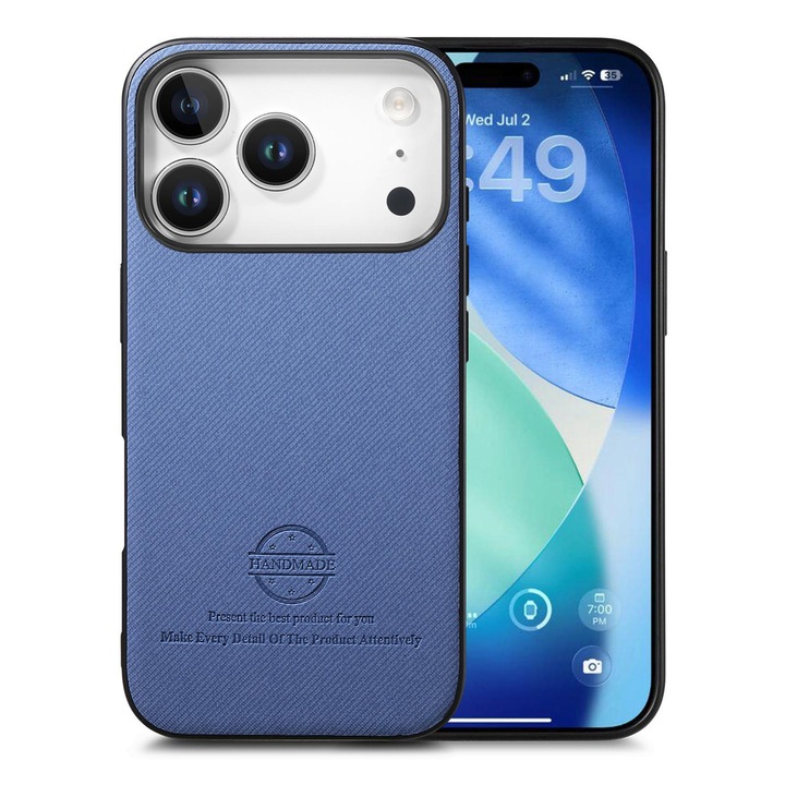 Husa telefon compatibila cu iPhone 17 Pro, Piele + TPU, Antisoc, Prindere anti-alunecare, Protectie camera, Margini ridicate, Decupaje precise, Albastra