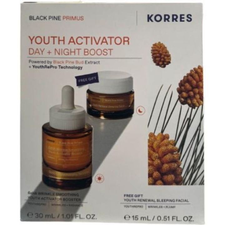 Crema de fata KORRES Black Pine Primus Oros 30ml + Crema de noapte pentru intinerire 15ml, hidratare, elasticitate, negru