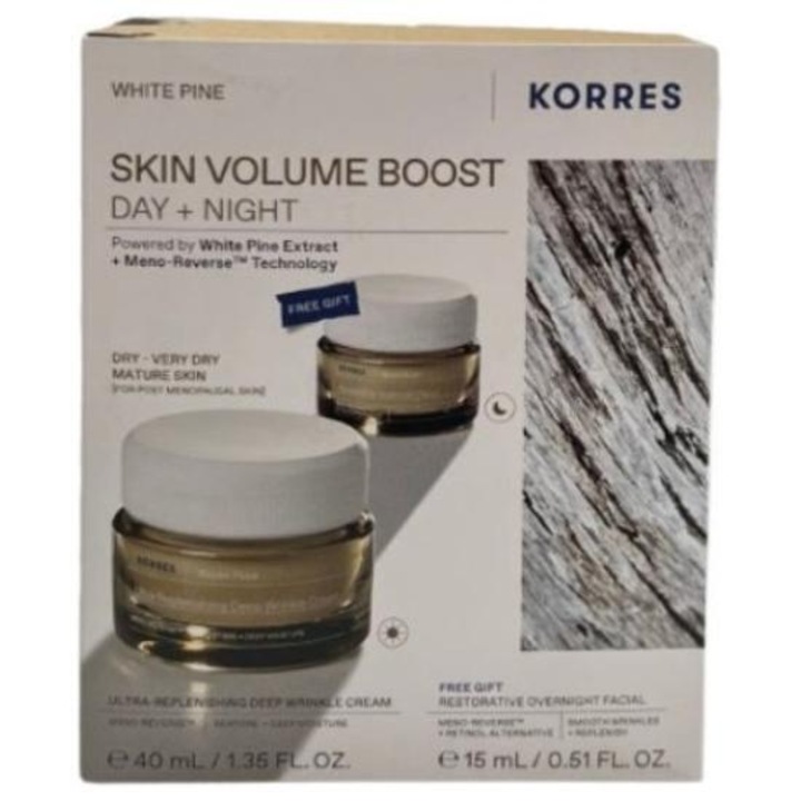 Crema de fata set KORRES White Pine, ultra reintineritoare, 40ml si crema de noapte restauratoare, 15ml, pentru riduri profunde, pentru femei dupa menopauza