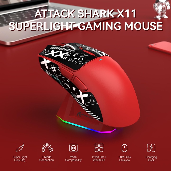 Безжична геймърска мишка ATTACK SHARK X11, лека, със зарядна станция RGB, кабел Tri-Mode-2.4G/USB-C/BT, 22K DPI, оптичен сензор PAW3311, превключвател HUYU, 5 програмируеми бутона за PC/Mac (червена и стикер)