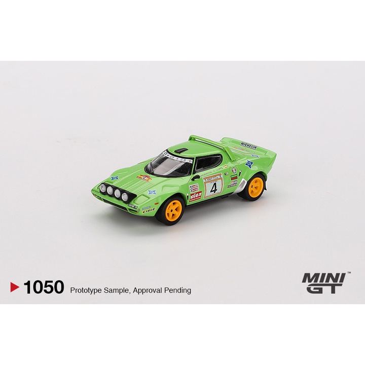 Метална количка Mini GT, Lancia Stratos HF № 4, шампион на рали Испания от 1979 г., 1/64, 7 см, зелена