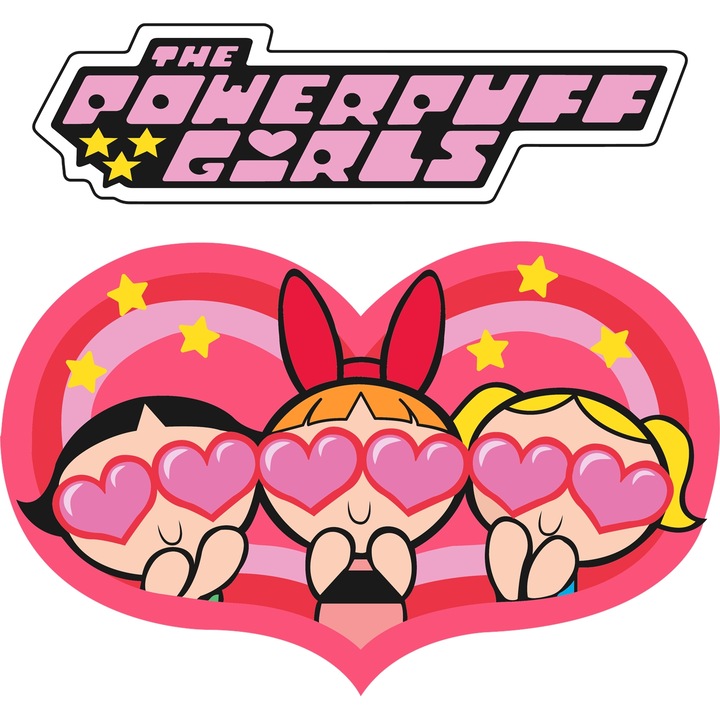 Sticker Adeziv Cu Fetitele Powerpuff – Poveste Nostalgica si Amuzanta, Cadou Special si Aventuros, cu Margini Albe, PVC Vinyl 90CM