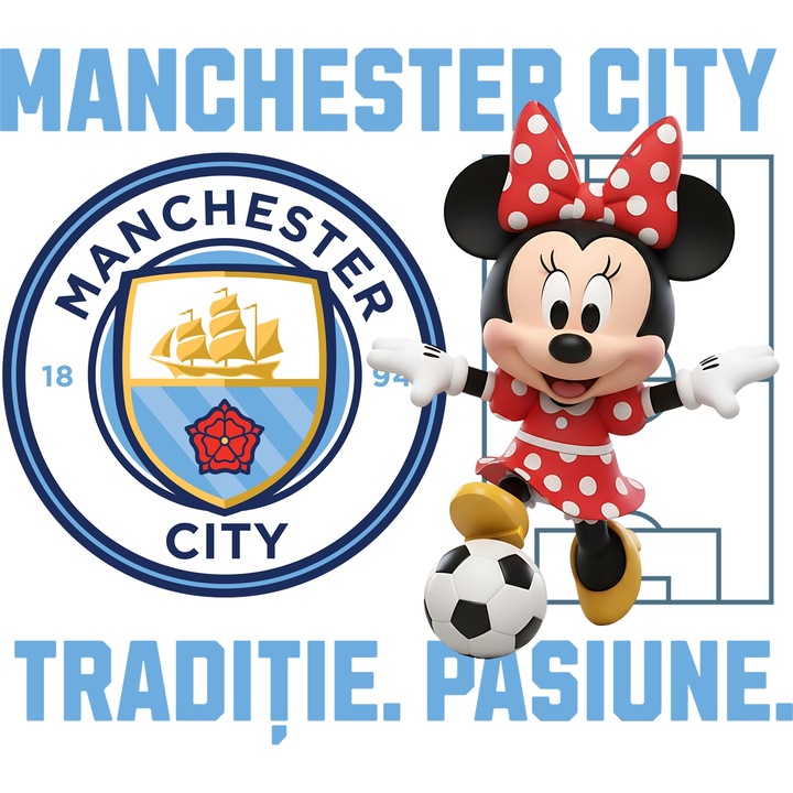 Sticker Adeziv cu Minnie Mouse, si Echipa de Fotbal Mancester City, cu Margini Albe, PVC Vinyl 28CM