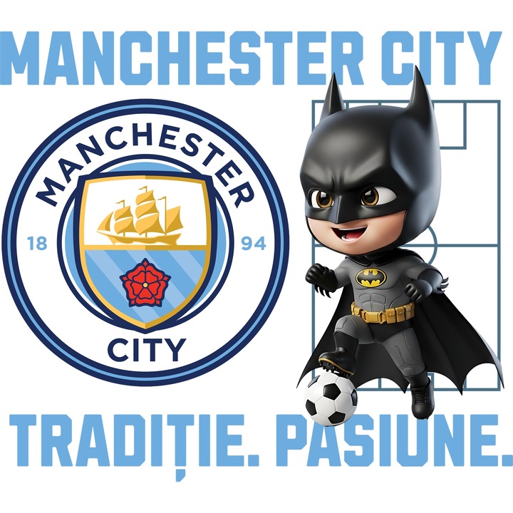 Sticker Adeziv cu Batman, si Echipa de Fotbal Mancester City, cu Margini Albe, PVC Vinyl 23CM