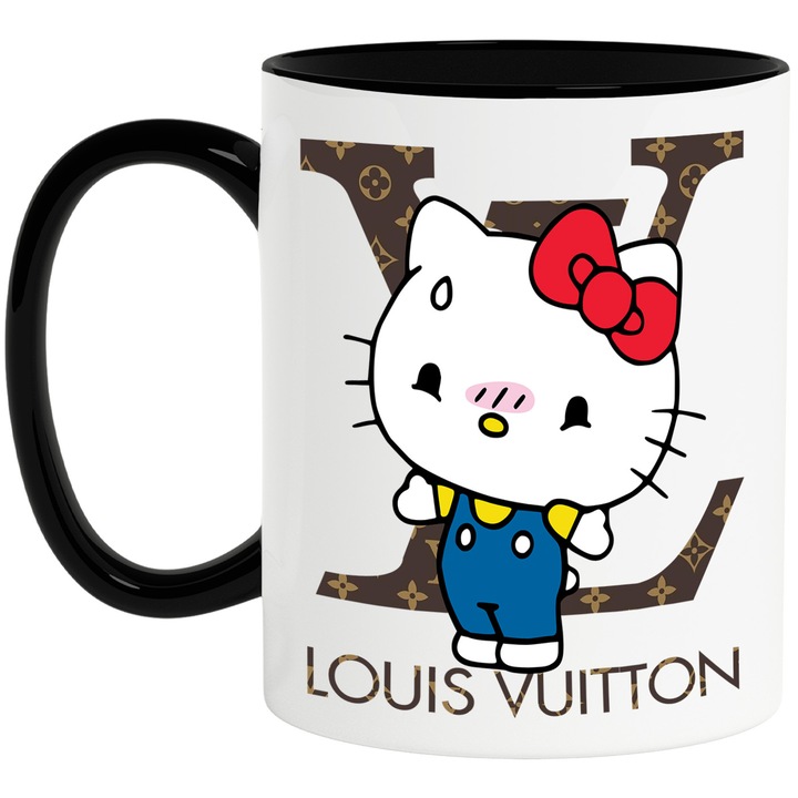 Cana Cu Hello Kitty, Cu Textul "Louis Vuitton" - Design 3, Ceramica, 330ML, Cu Maner si Interior Negru
