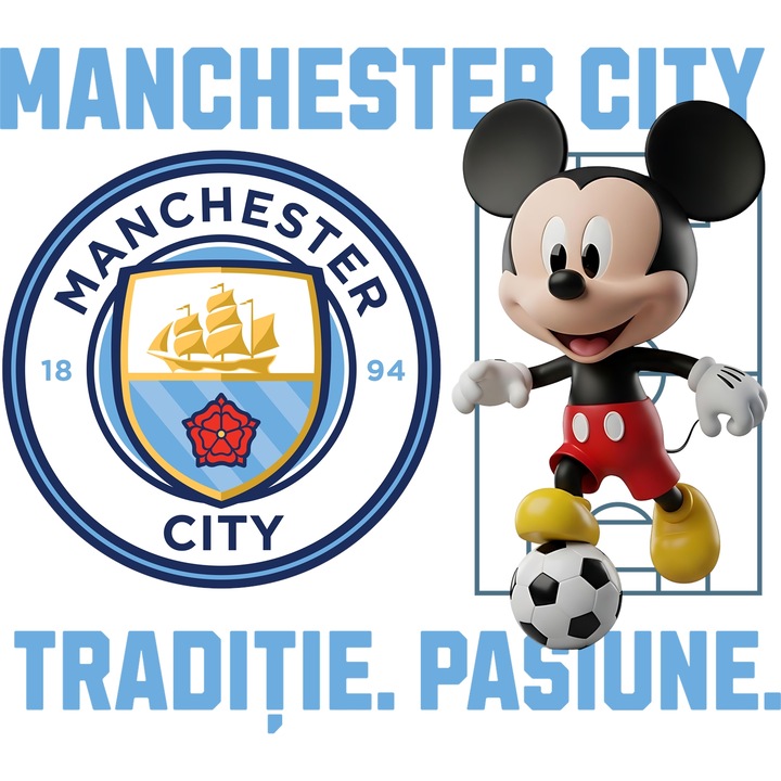 Sticker Adeziv cu Mickey Mouse, si Echipa de Fotbal Mancester City, cu Margini Albe, PVC Vinyl 28CM