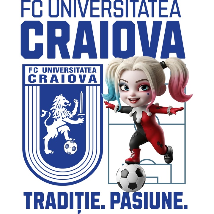 Sticker Adeziv cu Harley Quenn, si Echipa de Fotbal FC Universitatea Craiova, cu Margini Albe, PVC Vinyl 70CM
