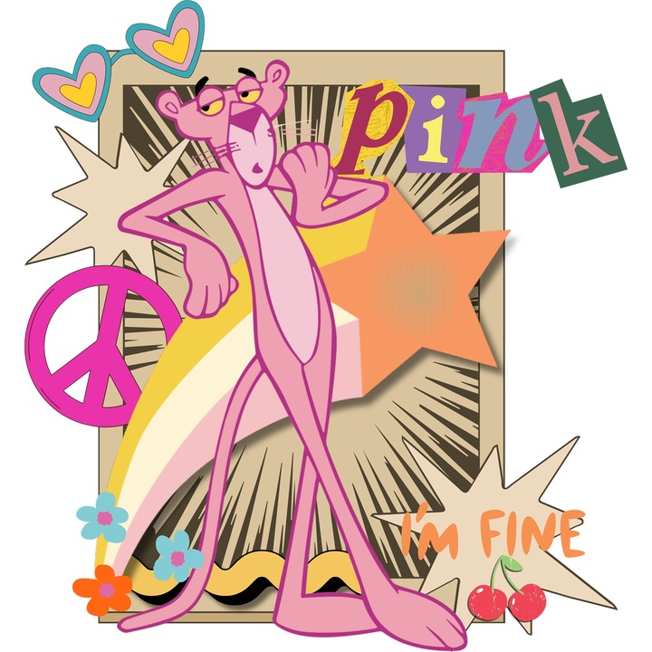 Sticker Adeziv Cu Pantera Roz Misterul Roz, Aventura si Umor Sclipitor, Curaj si Joaca, cu Margini Albe, PVC Vinyl 90CM