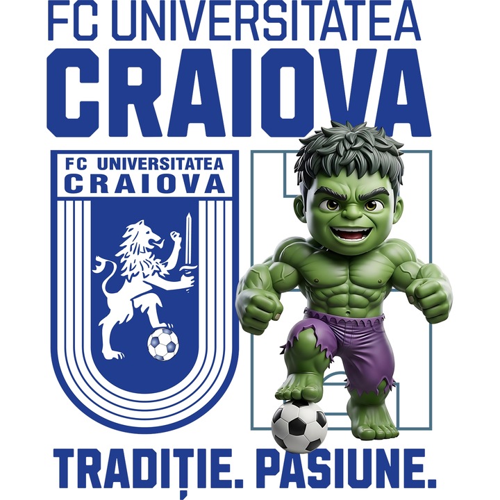 Sticker Adeziv cu Hulk, si Echipa de Fotbal FC Universitatea Craiova, cu Margini Albe, PVC Vinyl 90CM