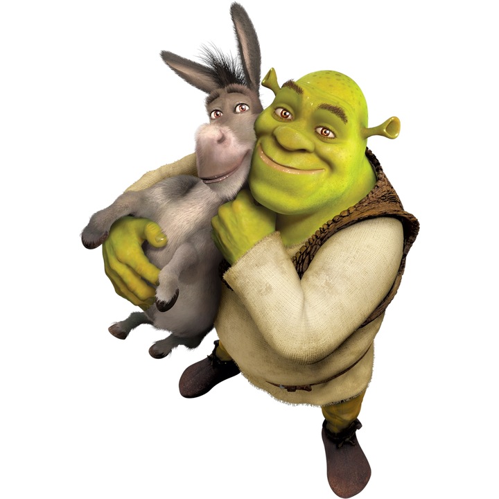 Sticker Adeziv Cu Shrek Aventuri cu Donkey Vesel, Prietenie si Curaj Plin de Farmec, Joaca si Speranta, cu Margini Albe, PVC Vinyl 10CM