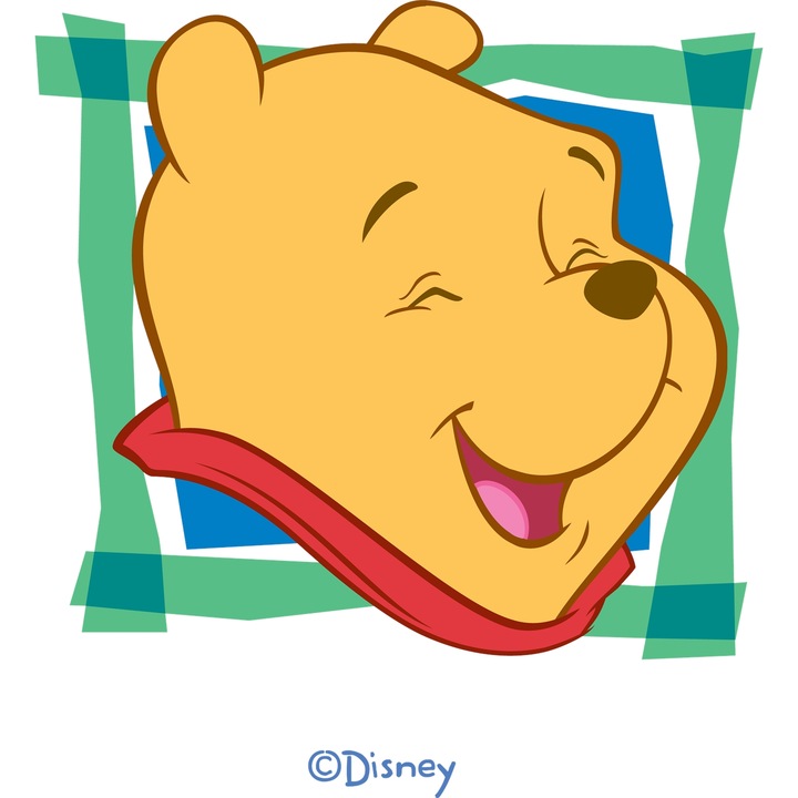 Sticker Adeziv Cu Winnie Zambete si Momente Vesele Aventuri Prietenie Dragoste Joaca, cu Margini Albe, PVC Vinyl 90CM