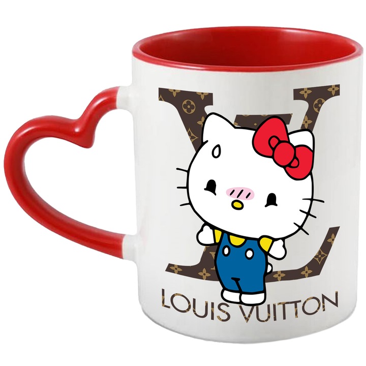 Cana Cu Hello Kitty, Cu Textul "Louis Vuitton" - Design 3, Ceramica, 330ML, Cu Maner Inima Rosie si Interior Rosu
