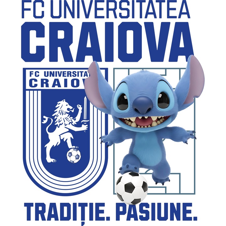 Sticker Adeziv cu Stitch, si Echipa de Fotbal FC Universitatea Craiova, cu Margini Albe, PVC Vinyl 80CM