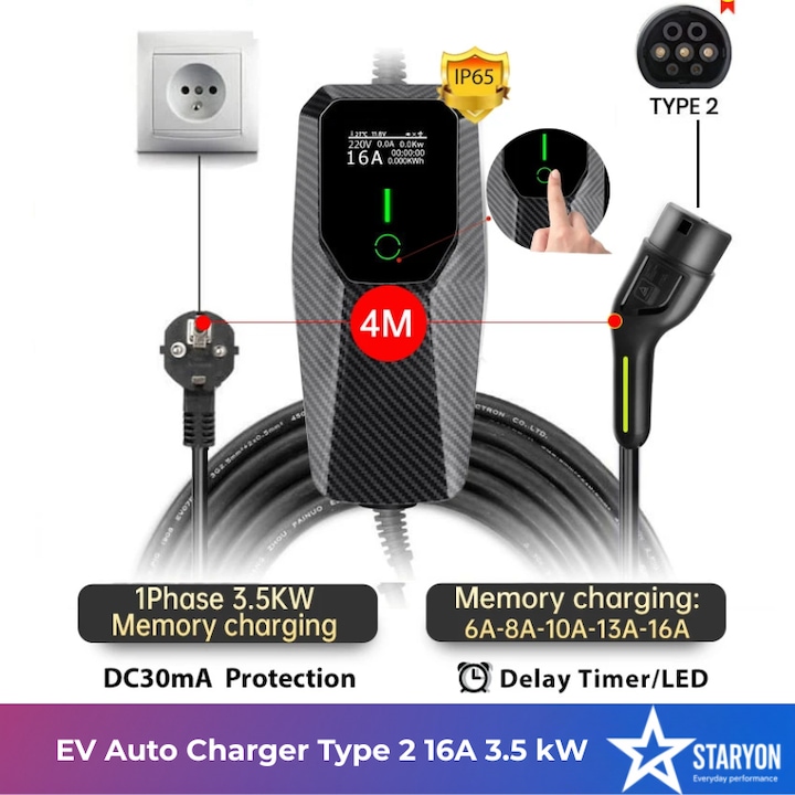 Incarcator Portabil Masina Electrica EV Auto Type 2 16A 3.5kW 230V Monofazic, Cablu 4m, Reglaj Curent 6A 8A 10A 13A 16A, Ecran LCD, Programare Incarcare, Protectie IP65, Functionare -30°C~+50°C, Compatibil Tesla, BMW, VW, Hyundai, Kia, Negru Carbon