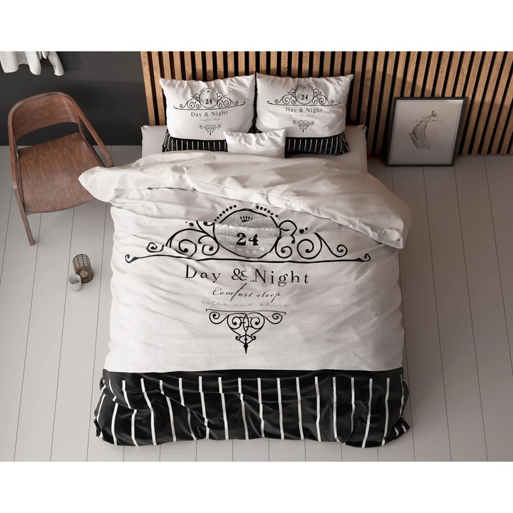 Sleeptime ágyneműgarnitúra, 1× paplanhuzat 200×200/220 cm, 2× párnahuzat 60×70 cm, 100% mikroszálas, hipoallergén, 90 GSM, Essentials Day and Night Black minta, digitális nyomtatás, fehér szín
