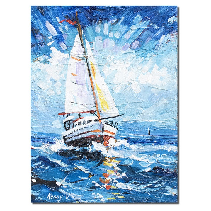 Tablou 3D peisaj marin cu iola pictat manual, 40x30cm acril pe panza in cutit, Kenny Varniote