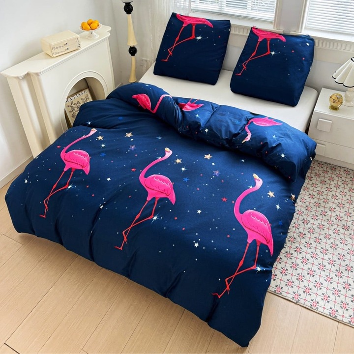 Set de lenjerie de pat 140x200 bumbac satinat fata-verso GierekHoff gros 2 piese GH 3108 flamingi