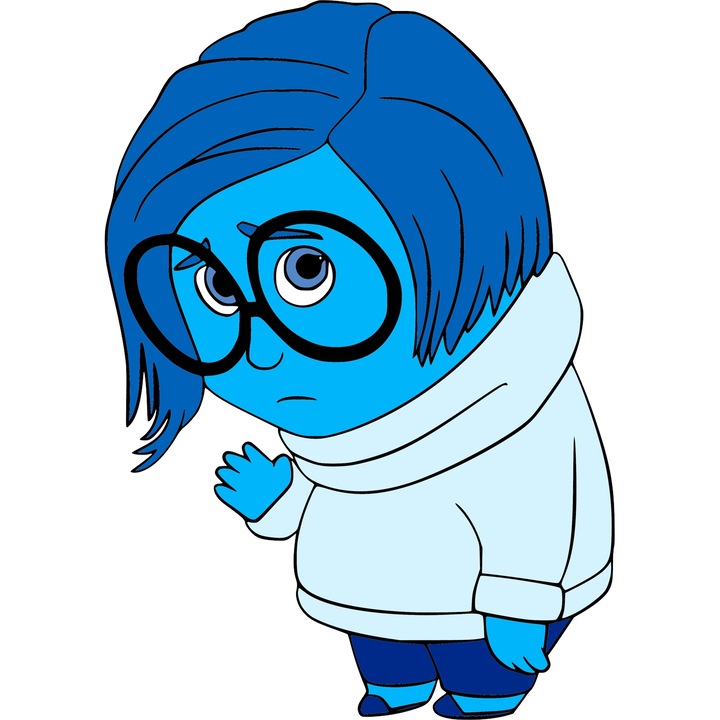 Sticker Adeziv Cu Animatii – Inside Out – Sadness – Imbratisarea Calma a Vulnerabilitatii Emotionale, cu Margini Albe, PVC Vinyl 10CM