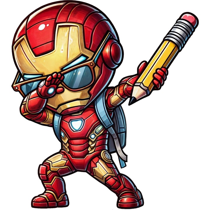Sticker Adeziv Cu Iron Man – Metal si Foc – Putere, Curaj si Inteligenta, cu Margini Albe, PVC Vinyl 10CM