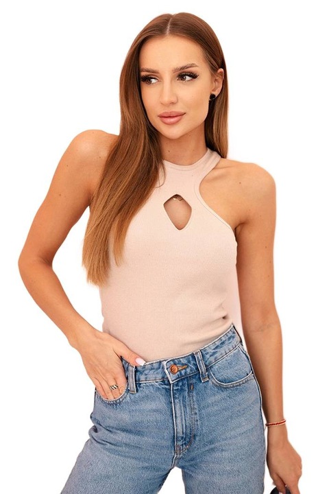 Дамски потник Кеси, изрязан, декоративна катарама, бежов, без ръкави, Един размер INTL