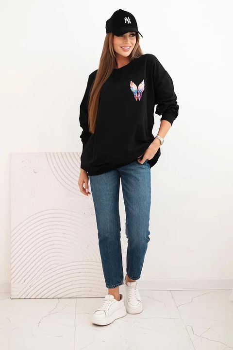 Női oversize pulóver Polski, színes szárny mintával a hátán, fekete, puha pamut, One Size INTL
