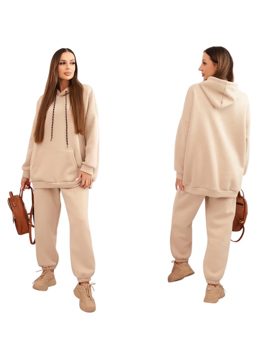 Női bézs melegítő, Kesi, pamut, bélelt, kapucnis, bő nadrággal, olasz gyártmány, One Size INTL