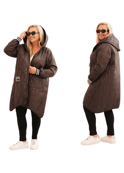Kesi női Plus Size steppelt kabát, kapucnival, barna színű, bélelt, One Size INTL