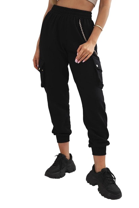 Női nadrág, Kesi, cargo, zsebekkel és lánccal, fekete, pamut/elasztán, One Size INTL