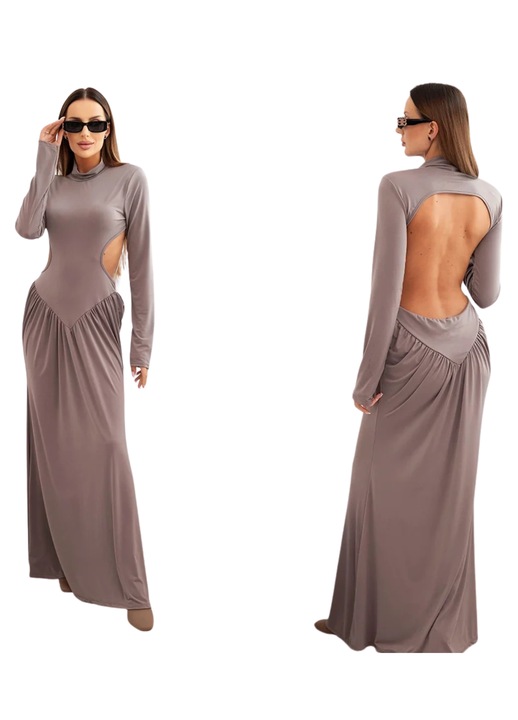 Макси рокля Kesi, изрязани елементи на талията, дълъг ръкав, бежово-кафява, вискоза, 44 EU