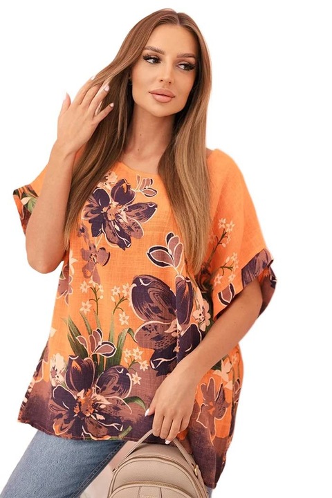 Дамска блуза, Kesi, памук, флорален принт, оранжева, Един размер INTL