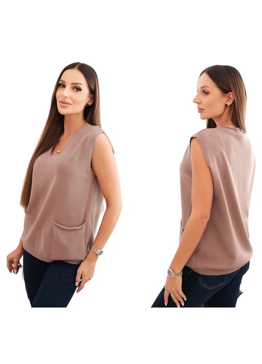 Női pulóver, Kesi, ujjatlan, zsebekkel, V-nyakú, bézs, viszkóz, One Size INTL