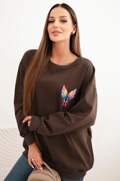Női oversize pulóver, színes szárny mintás, puha pamut, barna, One Size INTL