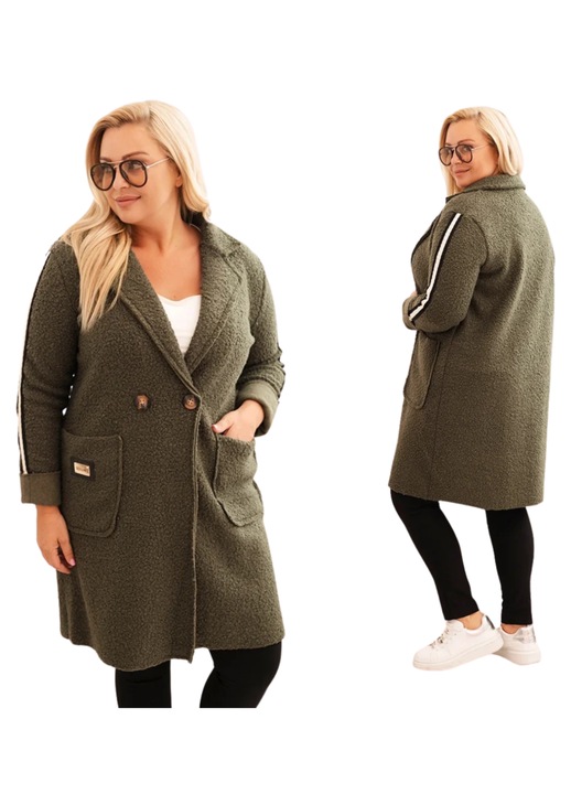 Női kabát Kesi, kaki, elegáns, bélelt, laza szabású, zsebes, nagyméretű, One Size INTL