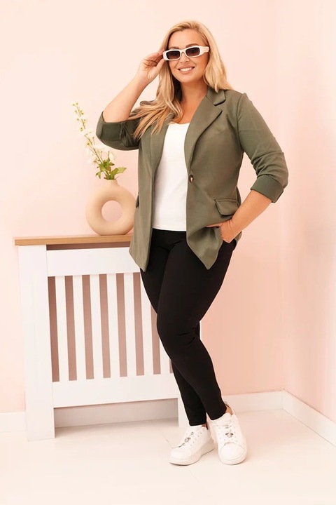 Női Kesi Plus Size elegáns zakó, khaki, egygombos, rugalmas anyag, csípőt takaró hosszúságú, One Size INTL