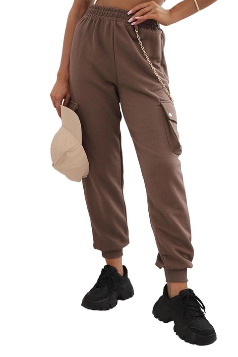 Női nadrág, Kesi, cargo, zsebekkel és lánccal, sötétbarna, pamut, One Size INTL