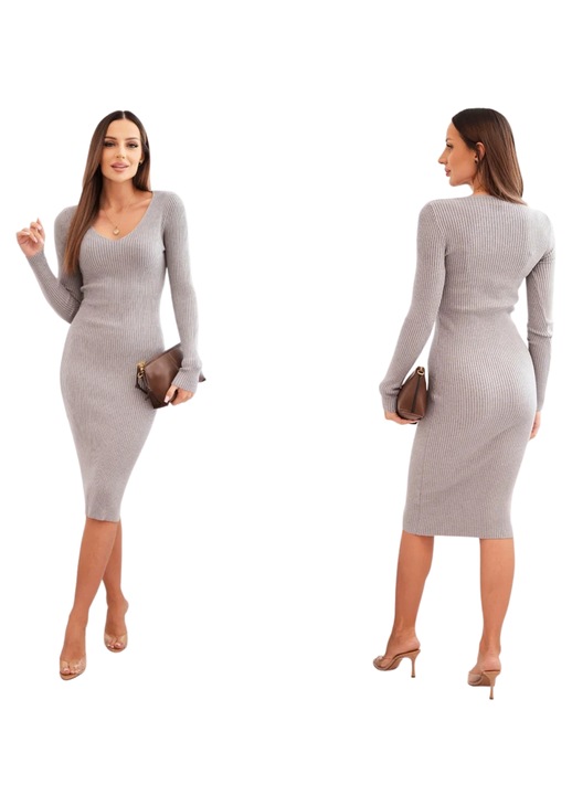 Дамска рокля Кеси, сива, с набраздявания, V-образно деколте, дълги ръкави, еластичен материал, Един размер INTL