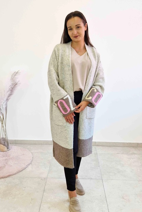 Hosszú kardigán, laza, meleg, zsebekkel, szürke, puha anyag, One Size INTL