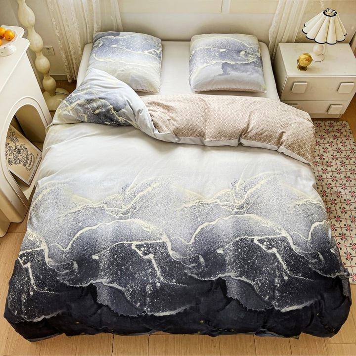 Set de lenjerie de pat 160x200 bumbac satinat fata-verso GierekHoff gros 3 piese GH 3109 marmura